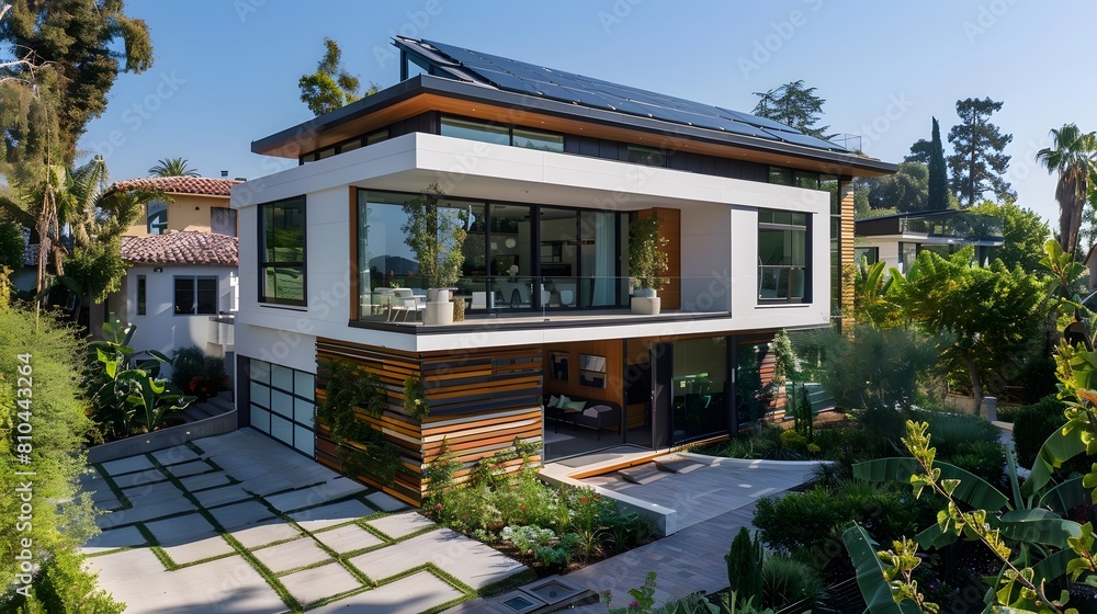 A modern, two-story house in the Hollywood hills area with solar panels on its roof and large windows, showcasing an eco-friendly design.