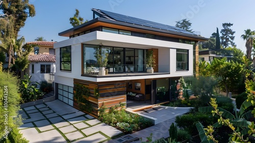 A modern  two-story house in the Hollywood hills area with solar panels on its roof and large windows  showcasing an eco-friendly design.