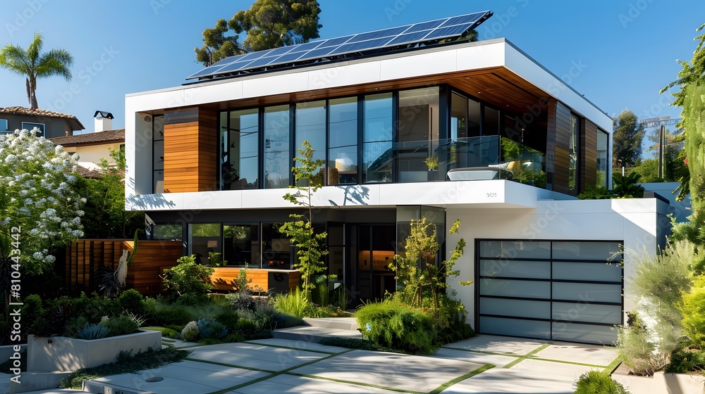 A modern, two-story house in the Hollywood hills area with solar panels on its roof and large windows, showcasing an eco-friendly design. A modern, two-story house in the Hollywood hills area with solar panels on its roof and large windows, showcasing an eco-friendly design.