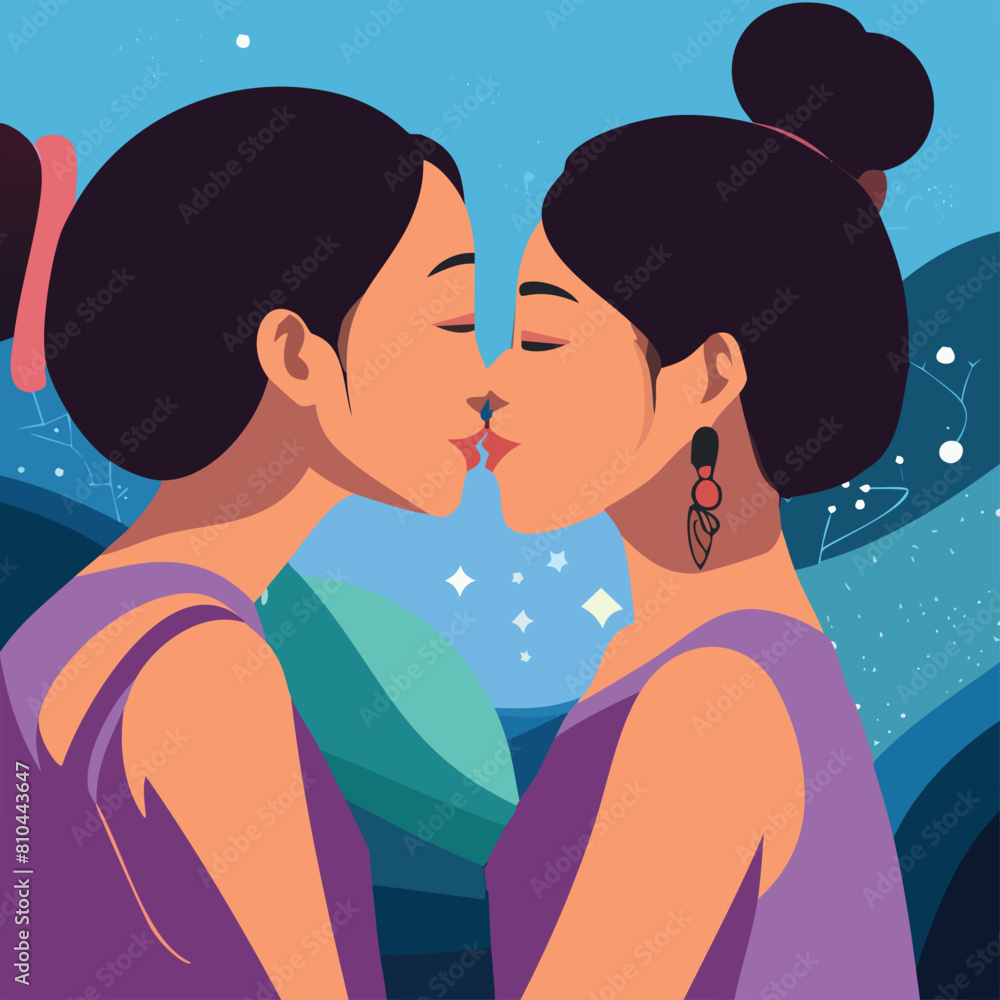 Medium shot of a couple kissing with fantasy background Medium shot of a couple kissing with fantasy background