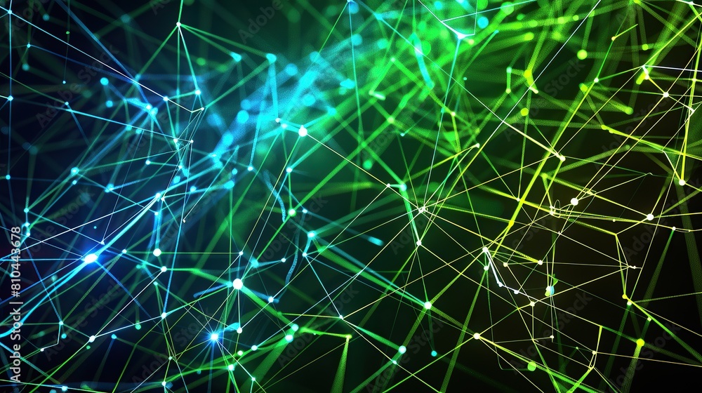 A vibrant and energetic plexus of neon green and blue lines forming a digital mesh on a dark background designed with a large open area on the right for text A vibrant and energetic plexus of neon green and blue lines forming a digital mesh on a dark background designed with a large open area on the right for text