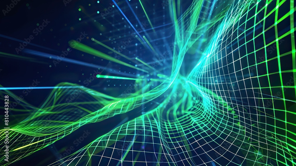A vibrant and energetic plexus of neon green and blue lines forming a digital mesh on a dark background designed with a large open area on the right for text A vibrant and energetic plexus of neon green and blue lines forming a digital mesh on a dark background designed with a large open area on the right for text