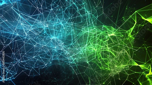 A vibrant and energetic plexus of neon green and blue lines forming a digital mesh on a dark background designed with a large open area on the right for text