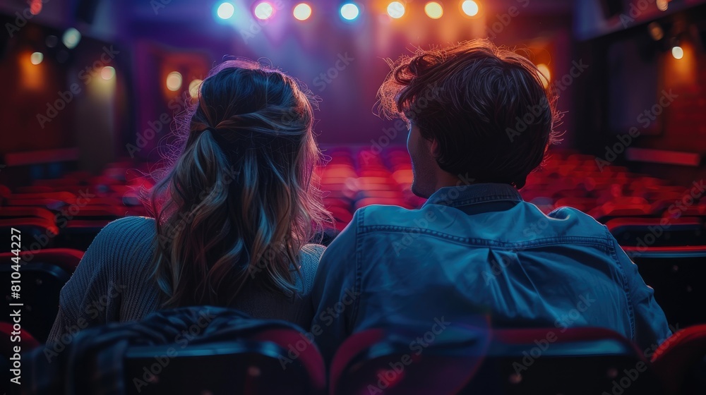 A couple is sitting in a theater, watching a movie. The man has his arm around the woman, and they are both smiling. A couple is sitting in a theater, watching a movie. The man has his arm around the woman, and they are both smiling.