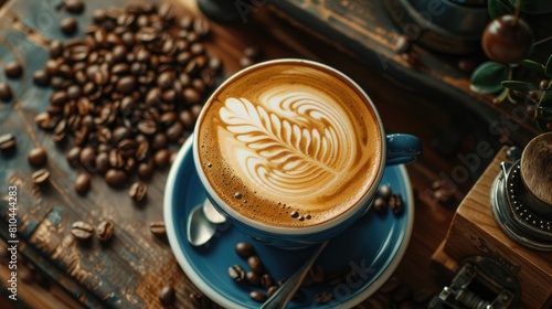 A cup of coffee with a beautiful latte art design on top. The cup is sitting on a saucer and there are coffee beans scattered around. The background is a dark wood table.