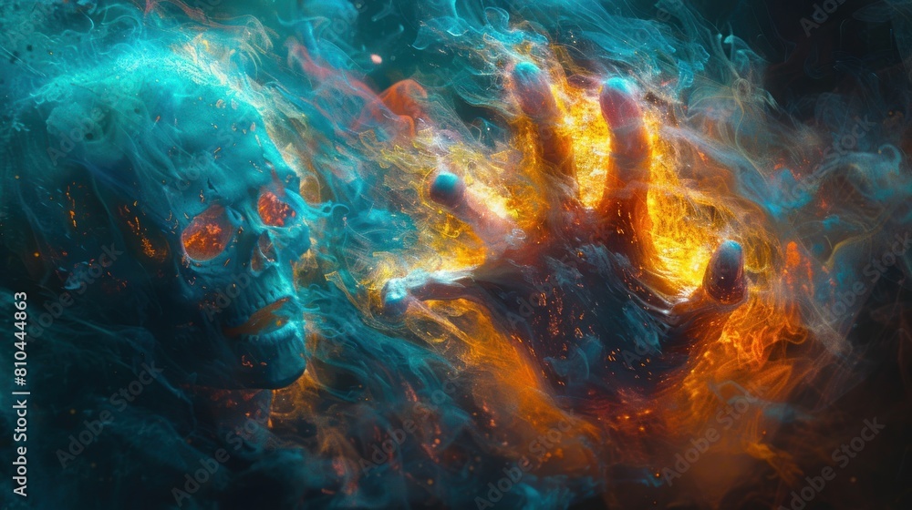 A hand is reaching out into a blue and orange cloud of smoke A hand is reaching out into a blue and orange cloud of smoke