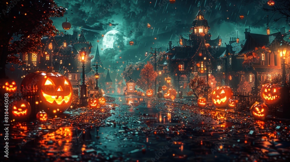 A city street with a large moon in the sky and many pumpkins on the ground