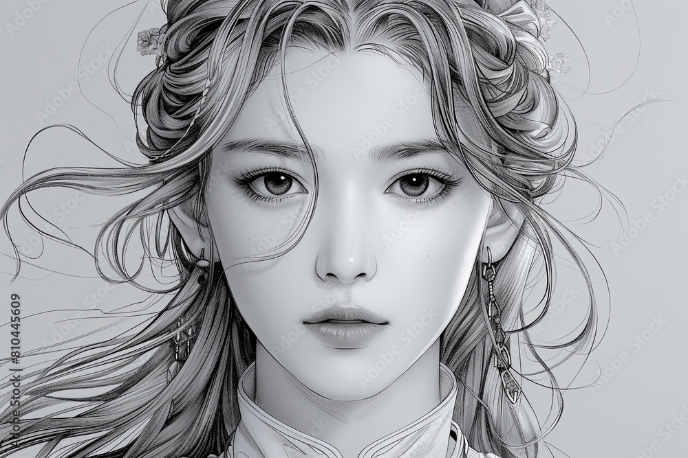 Elegant Muse: Enigmatic Woman Line Drawing with Flowing Hair Elegant Muse: Enigmatic Woman Line Drawing with Flowing Hair