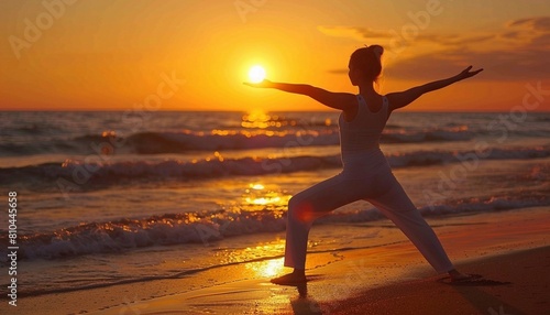 woman practicing yoga on the beach at sunset demonstrating balance and serenity in a peaceful setting  Concept of health and wellness