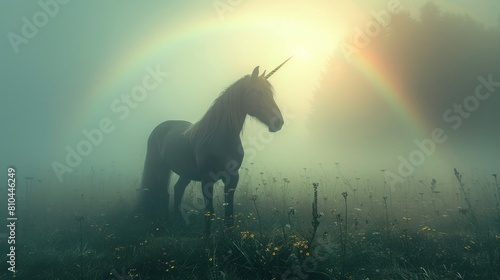 A unicorn stands in a field of flowers