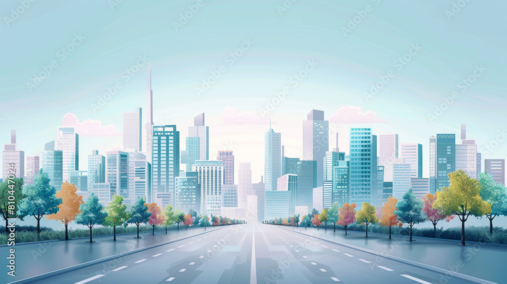Digital artwork of a modern cityscape with an empty urban road leading towards skyscrapers under a clear sky.