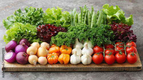 Colorful array of fresh vegetables arranged on a wooden board.