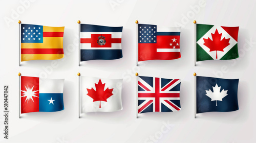 A collection of various international flags displayed on poles, including flags of the USA, Canada, and others.