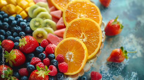 Colorful fruit platter with ample copy space.