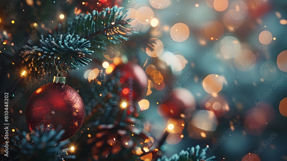 Christmas tree with decorations and bokeh lights on blurred background, closeup. Christmas concept.