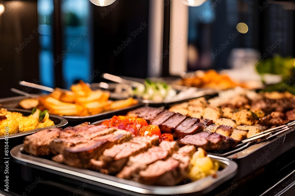 Catering buffet food indoor in restaurant with grilled meat. Catering buffet food indoor in restaurant with grilled meat.