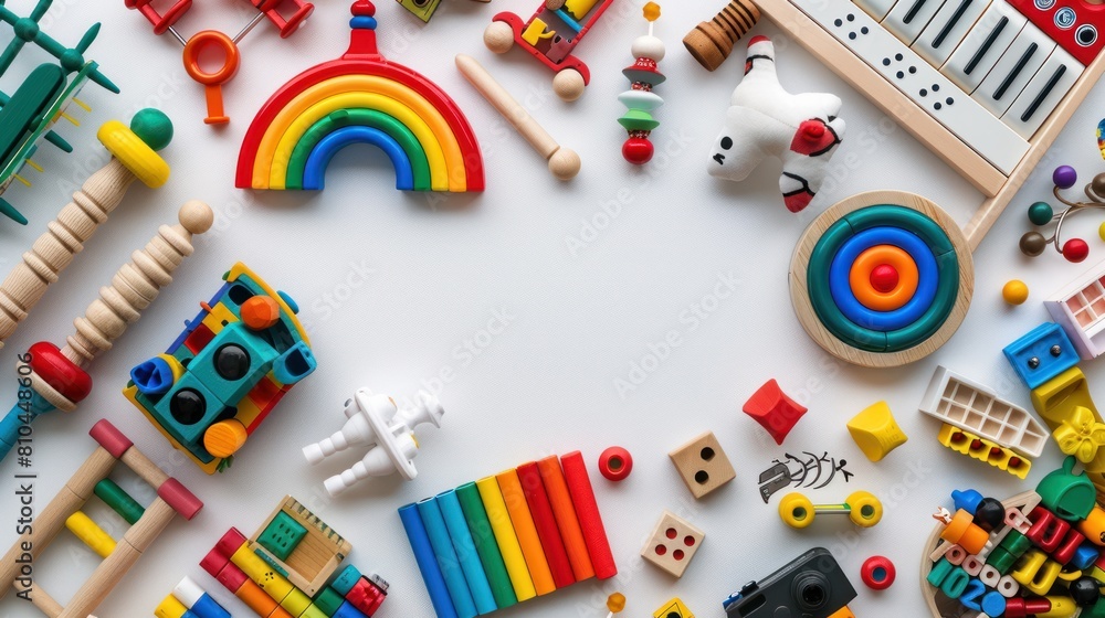 From above, a multitude of colorful wooden toys arranged on a white wooden platform offers room for customization From above, a multitude of colorful wooden toys arranged on a white wooden platform offers room for customization