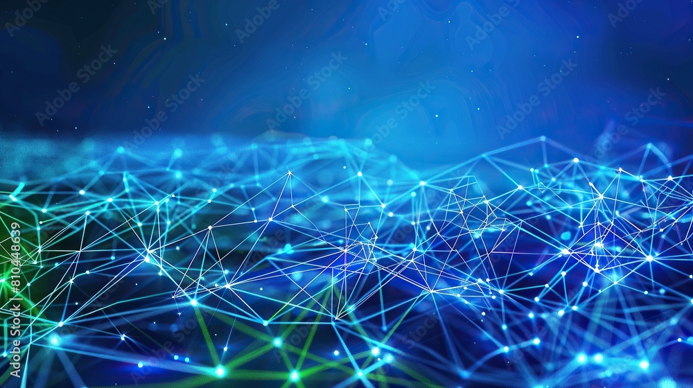 A vibrant electric plexus of blue and green connections sprawling across a midnight blue backdrop designed to look three-dimensional with a focused area for text placement in the lower left corner A vibrant electric plexus of blue and green connections sprawling across a midnight blue backdrop designed to look three-dimensional with a focused area for text placement in the lower left corner