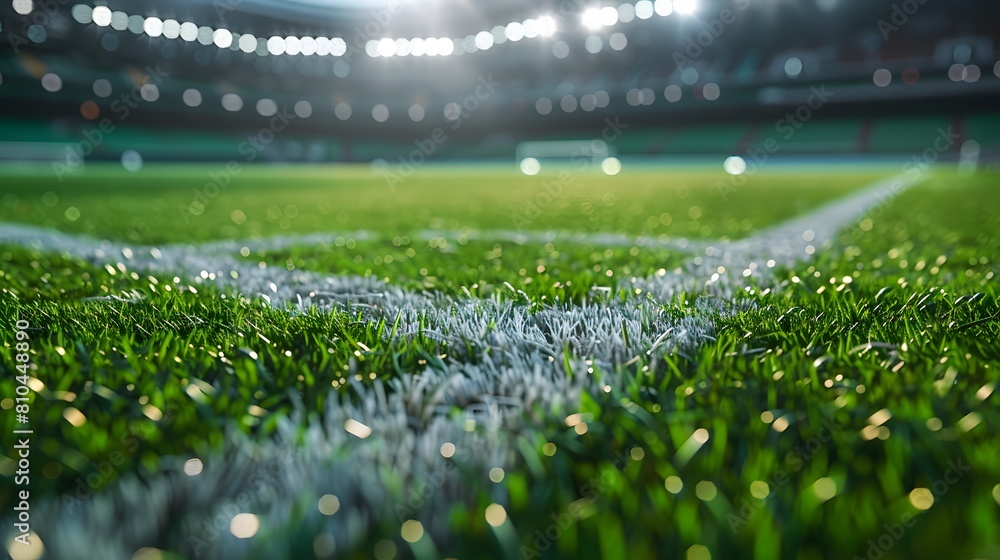 Close up of green soccer grass with white lines on the field, blurred stadium background.