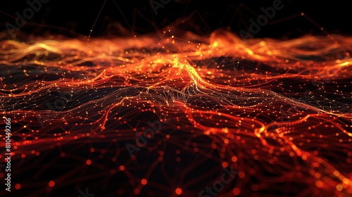 A vibrant orange and red plexus network resembling digital lava flows across a black canvas specifically arranged to leave room for text in the upper third of the image photo