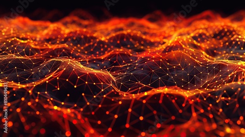A vibrant orange and red plexus network resembling digital lava flows across a black canvas specifically arranged to leave room for text in the upper third of the image photo