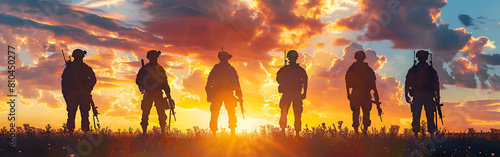 Soldiers standing together illuminated by the warm embrace of twilight clouds on a background
 photo