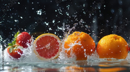 Close-up of a variety of citrus fruits and strawberries  water is splashing around them.