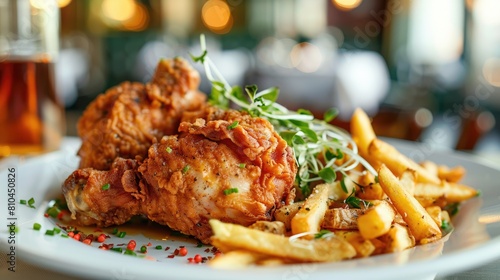 Crispy golden brown fried chicken with a side of fries.