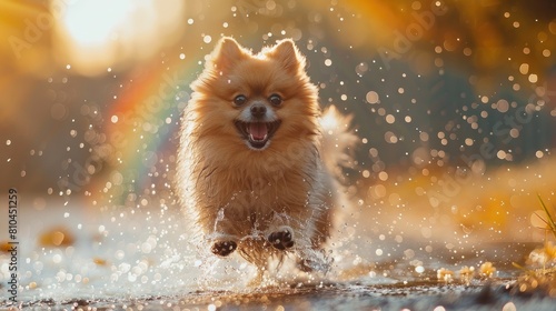 Cute Pomeranian puppy running and splashing water in slow motion with a huge smile on its face © Nuth