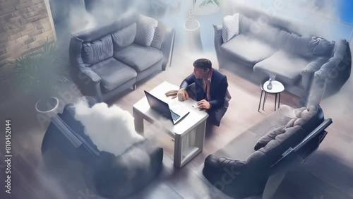 A businessman lies on the floor, surrounded by swirling smoke, with his laptop and furniture appearing to sink into the ground.  photo