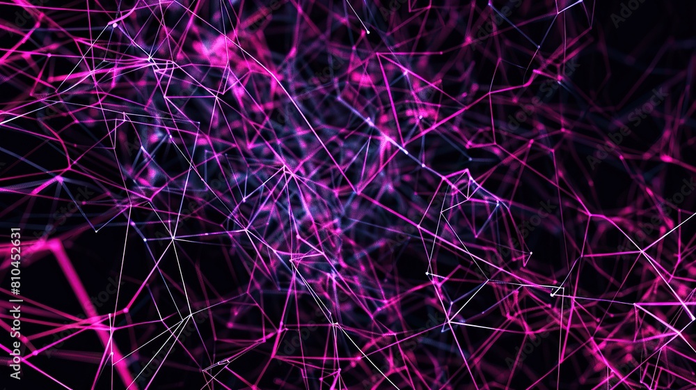 A visually striking plexus of magenta and violet lines and nodes that twist and turn on a jet-black background including a significant amount of copy space for text integration A visually striking plexus of magenta and violet lines and nodes that twist and turn on a jet-black background including a significant amount of copy space for text integration