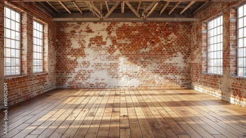 An empty room with brick walls and wooden floors AIG51A.