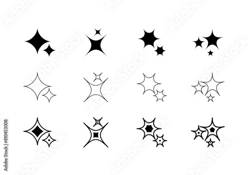 Stars blinking in different shape on white background. Set of star sparkle icons vector.