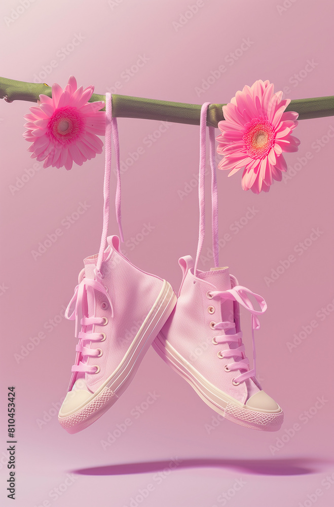 Sneakers and fresh gerbera daisies hanging Tied with shoelaces.Minimal creative fashion and nature concept. Sneakers and fresh gerbera daisies hanging Tied with shoelaces.Minimal creative fashion and nature concept.