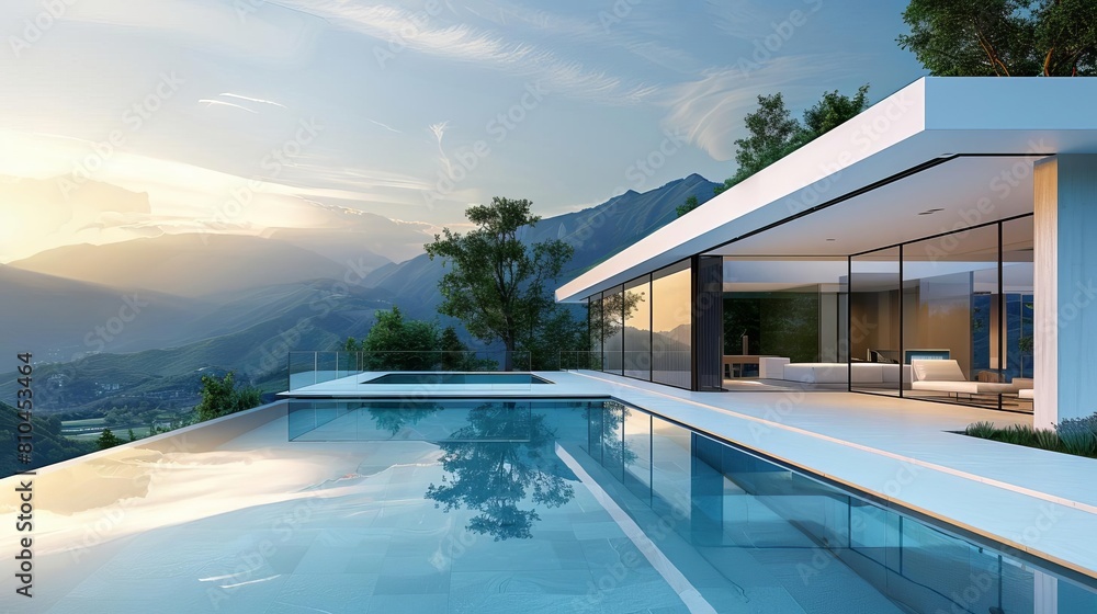 Fototapeta premium luxurious modern house with infinity pool and stunning landscape views highend real estate concept photo