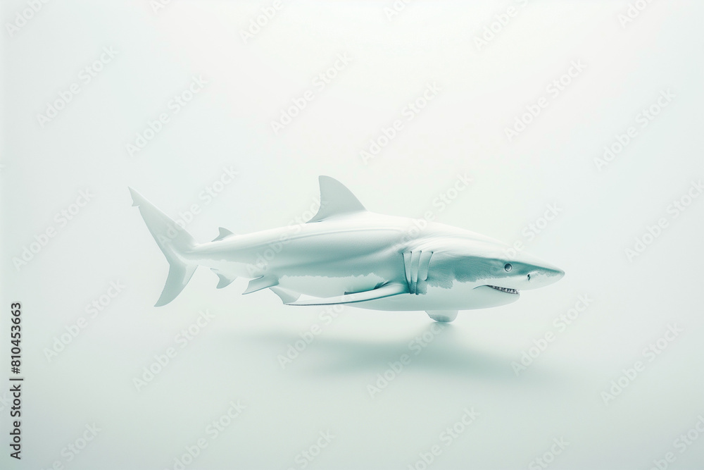 close up of a white shark on white background.Minimal creative nature concept close up of a white shark on white background.Minimal creative nature concept