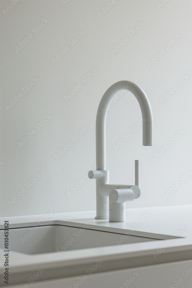 White faucet on a white Photograph with a completely white background, showcasing white elements.Minimal creative interior concept. White faucet on a white Photograph with a completely white background, showcasing white elements.Minimal creative interior concept.
