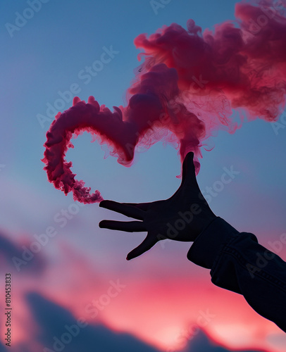 hand with pink smoke forming heart on sky.Minimal crative emotional and environment concept photo