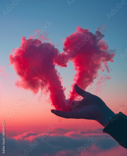 hand holding pink smoke heart on sky.Minimal crative emotional and environment concept. photo