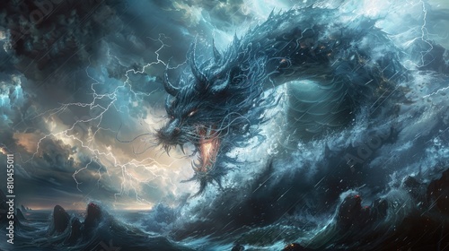 The image shows a giant blue sea serpent rising out of the ocean. The serpent is surrounded by lightning and has a fierce expression on its face.
