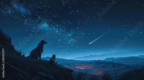The image shows a starry night sky with a silhouette of a wolf howling at a shooting star.