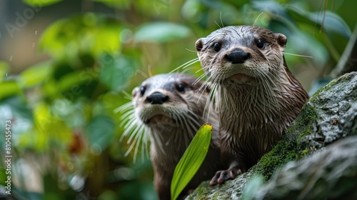 Two cute otters are looking at the camera. They are in the middle of green plants.