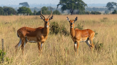 majestic reddishbrown antelope kobus kob thomasi male and female uganda kob in natural savanna habitat wildlife photography photo