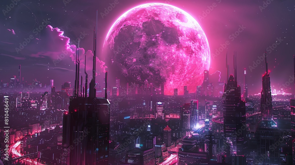 Fototapeta premium In the neon haze of technological blur, businesses flourish under the pink supermoons watch