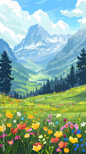 Panoramic view of big mountains and beautiful meadows with flowers. Flat cartoon landscape with nature Stock vector illustration