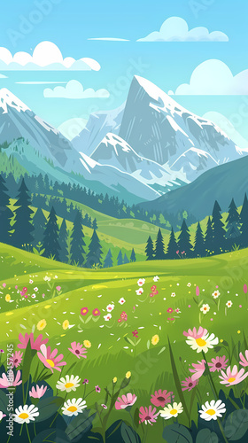 Panoramic view of big mountains and beautiful meadows with flowers. Flat cartoon landscape with nature Stock vector illustration © ak159715