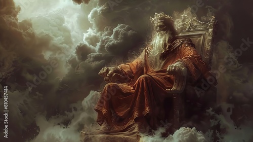 mythological god sitting on throne in dark stormy sky dramatic fantasy illustration photo
