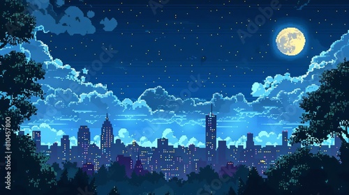 nostalgic 8bit pixel art depicting a serene night landscape with a city skyline moon and clouds photo