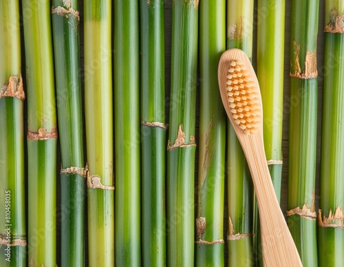 There is a bamboo toothbrush shown against a backdrop of green bamboo.