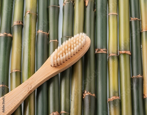 There is a bamboo toothbrush shown against a backdrop of green bamboo.